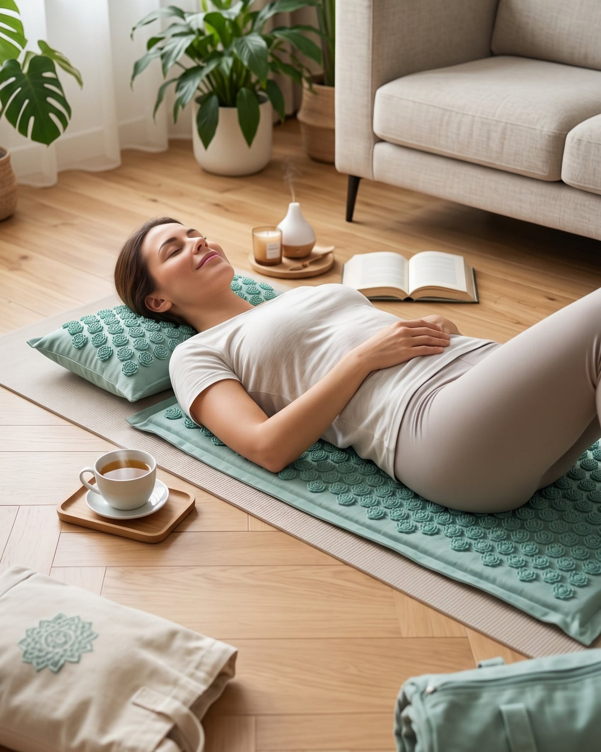 Une femme allong&eacute;e sur le tapis d&rsquo;acupression Kalma vert eucalyptus, dans son salon