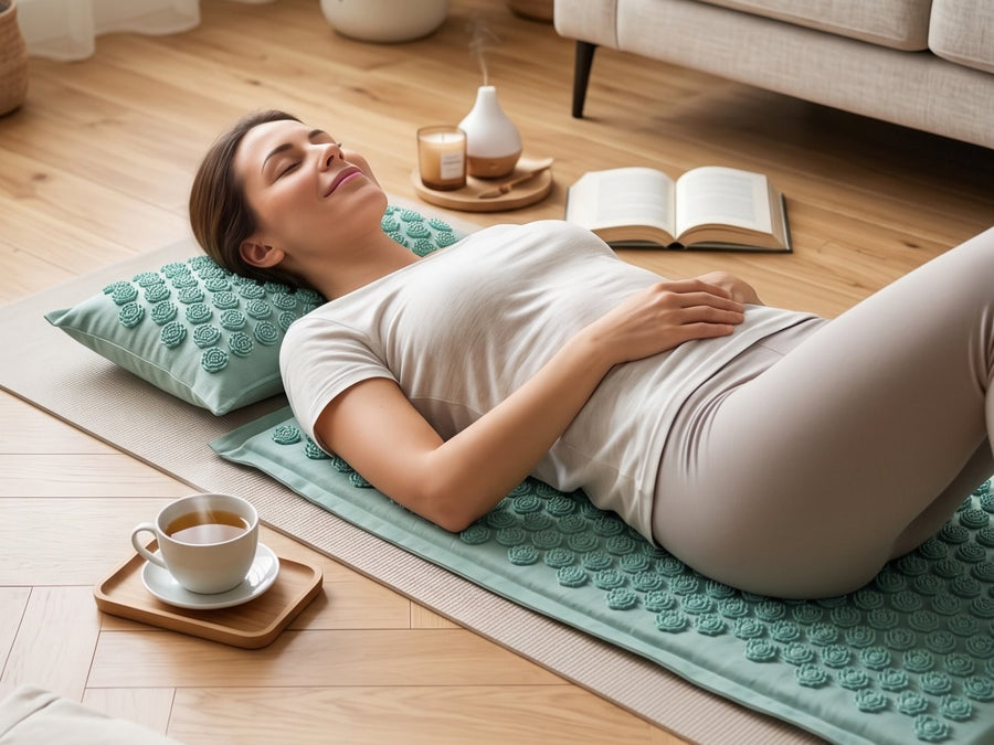 Une femme allong&eacute;e sur le tapis Kalma, la nuque sur l&rsquo;oreiller