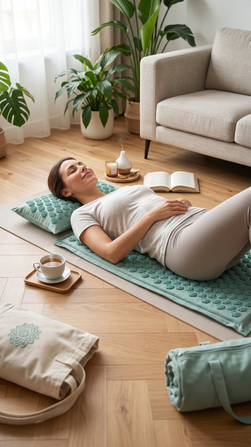 Une femme allongée sur le tapis Kalma vert eucalyptus, la nuque sur l'oreiller cervical