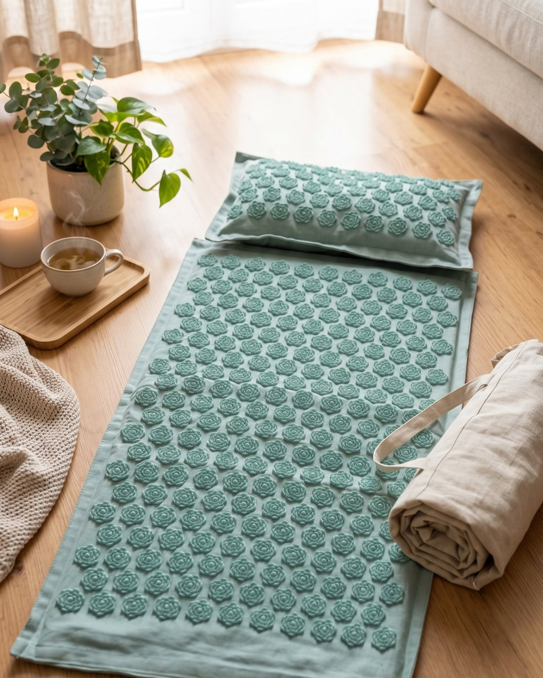 Le set Kalma install&eacute; au sol dans le salon, bougie et th&eacute; &agrave; c&ocirc;t&eacute;